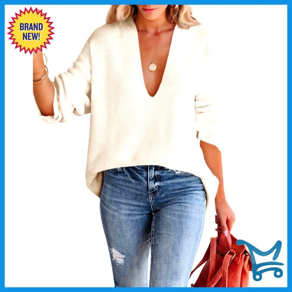 Oversized Deep V Neck Sweater Sexy Long Sleeve Tunic Pullover Knitted Dressy